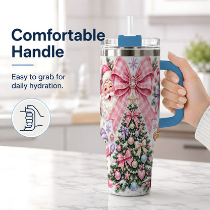 #pl[40oz|Blue] Pink Bow Christmas 40oz Tumbler with Santa Snowman Holiday Artwork