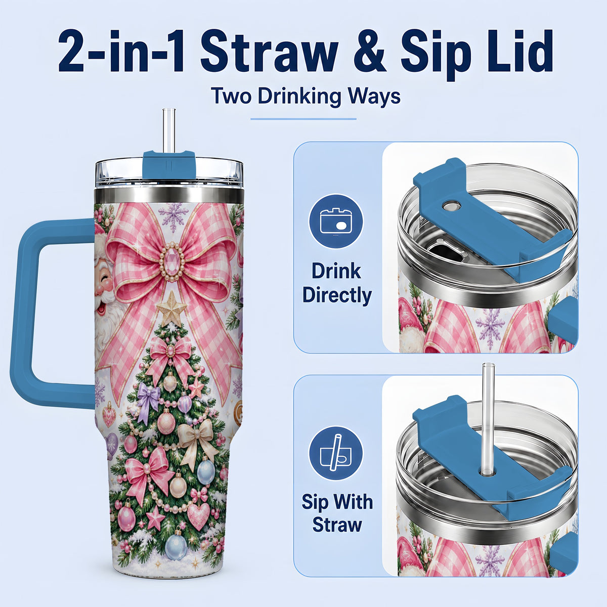 #pl[40oz|Blue] Pink Bow Christmas 40oz Tumbler with Santa Snowman Holiday Artwork