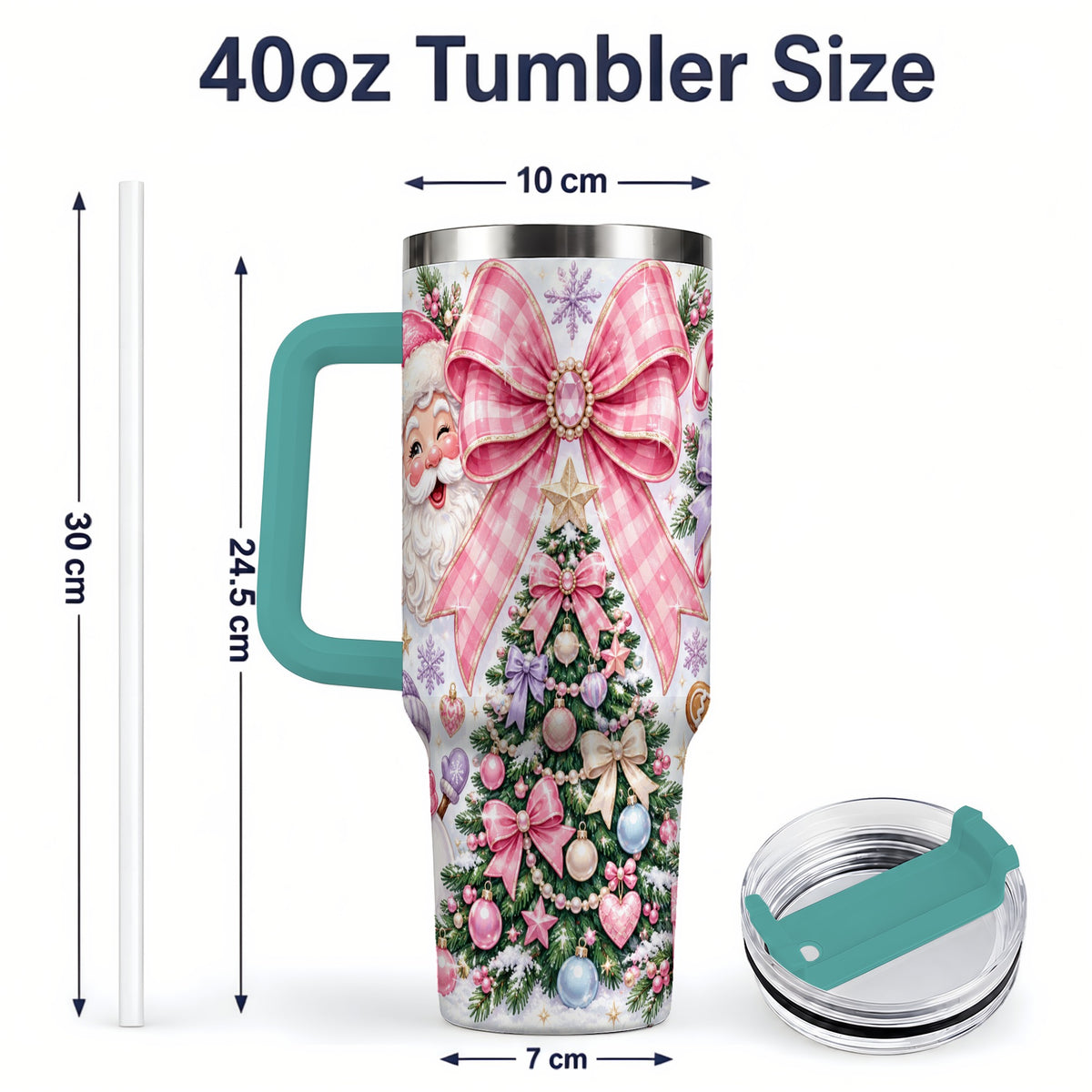 #pl[40oz|Green] Pink Bow Christmas 40oz Tumbler with Santa Snowman Holiday Artwork