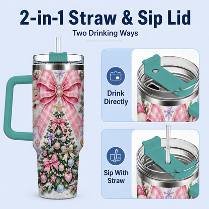 #pl[40oz|Green] Pink Bow Christmas 40oz Tumbler with Santa Snowman Holiday Artwork