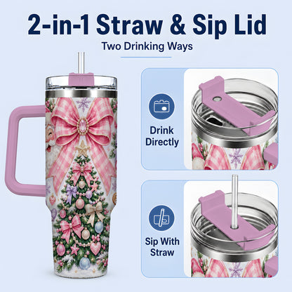 #pl[40oz|Pink] Pink Bow Christmas 40oz Tumbler with Santa Snowman Holiday Artwork