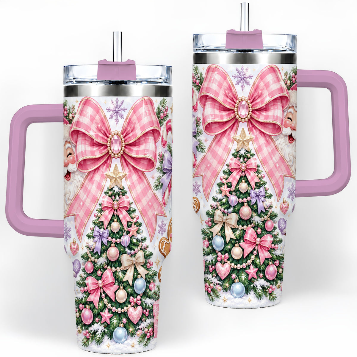 #pl[40oz|Pink] Pink Bow Christmas 40oz Tumbler with Santa Snowman Holiday Artwork