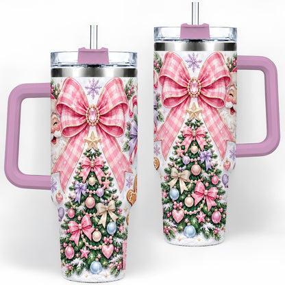 #pl[40oz|Pink] Pink Bow Christmas 40oz Tumbler with Santa Snowman Holiday Artwork