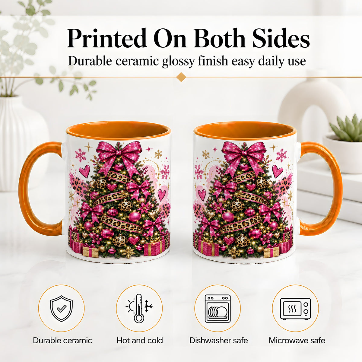 #pl[11oz|Orange] Pink Leopard Christmas Ceramic Mug, Glitter Tree Holiday Artwork