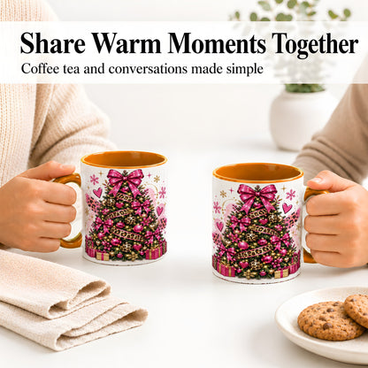 #pl[11oz|Orange] Pink Leopard Christmas Ceramic Mug, Glitter Tree Holiday Artwork