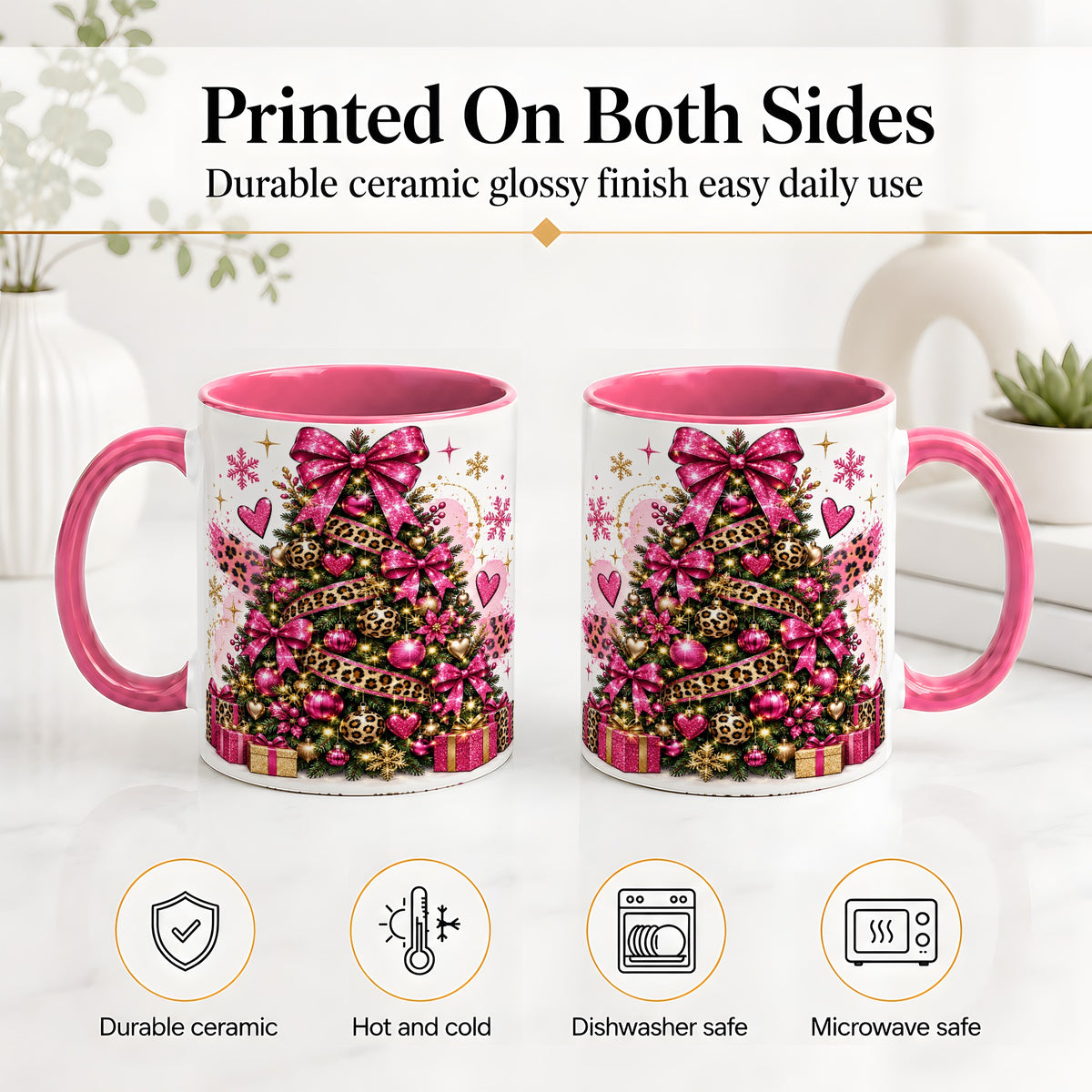 #pl[11oz|Pink] Pink Leopard Christmas Ceramic Mug, Glitter Tree Holiday Artwork