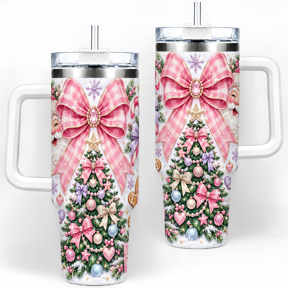 Pink Bow Christmas 40oz Tumbler with Santa Snowman Holiday Artwork
