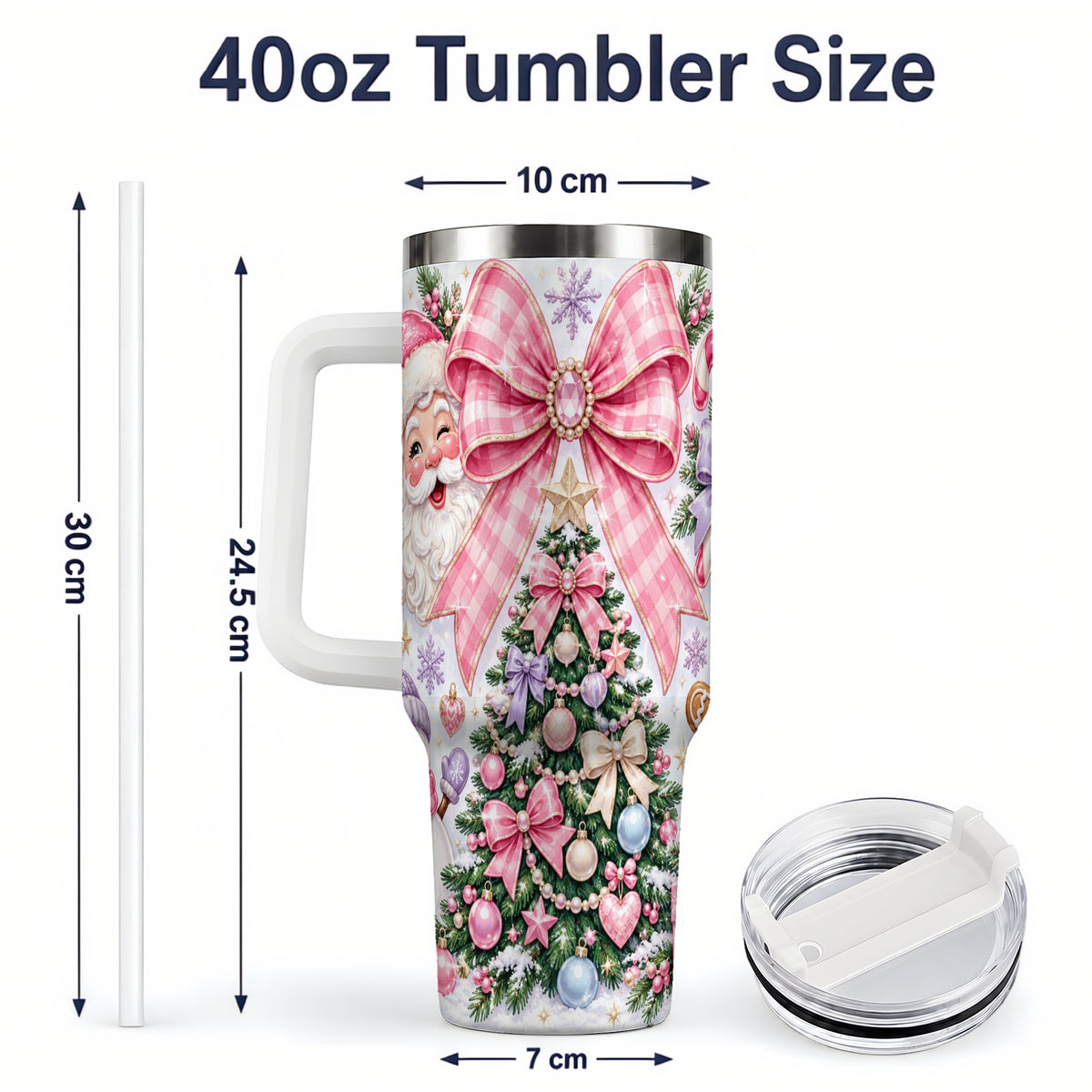 #pl[40oz|White] Pink Bow Christmas 40oz Tumbler with Santa Snowman Holiday Artwork