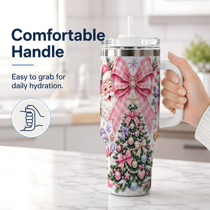 #pl[40oz|White] Pink Bow Christmas 40oz Tumbler with Santa Snowman Holiday Artwork