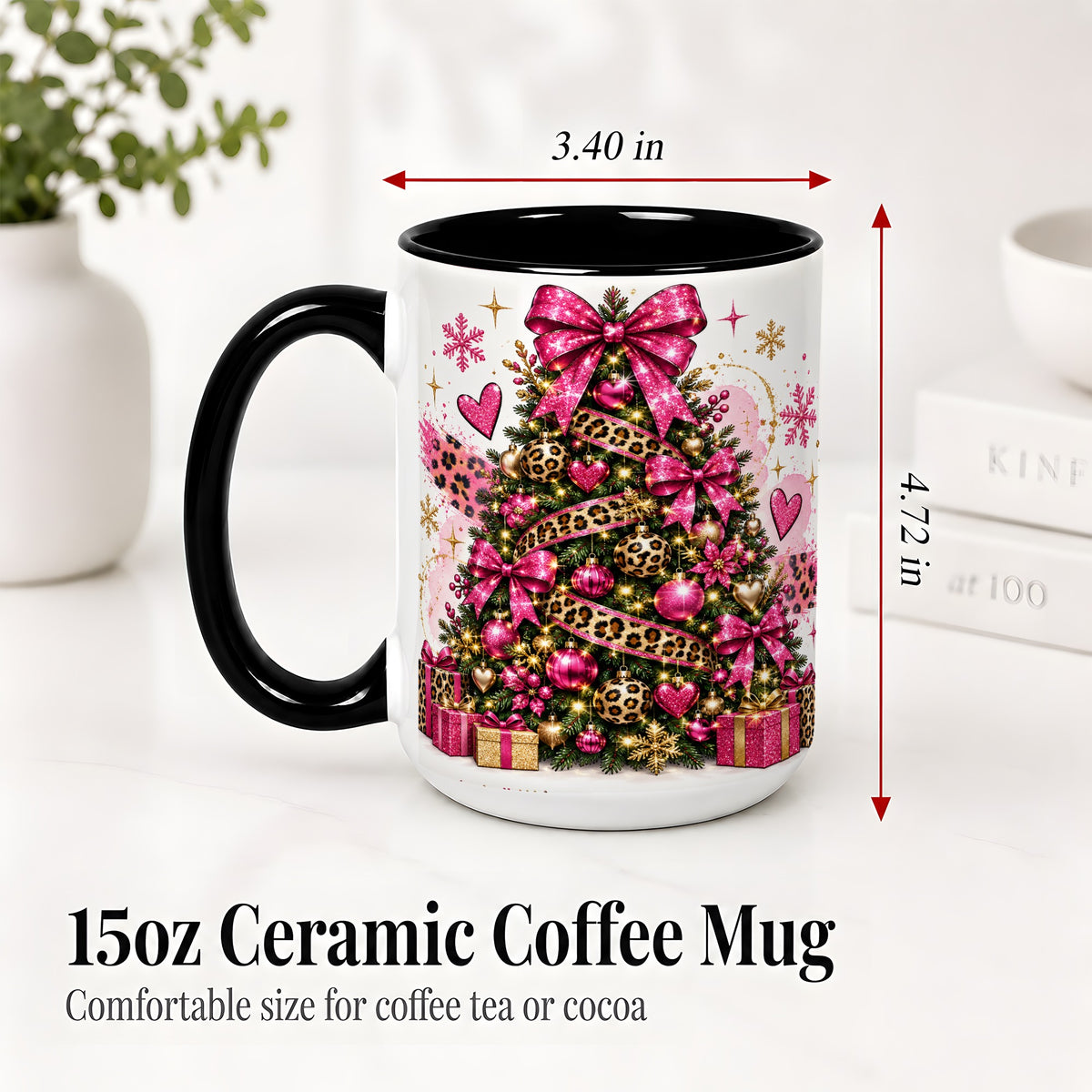#pl[15oz|Black] Pink Leopard Christmas Ceramic Mug, Glitter Tree Holiday Artwork