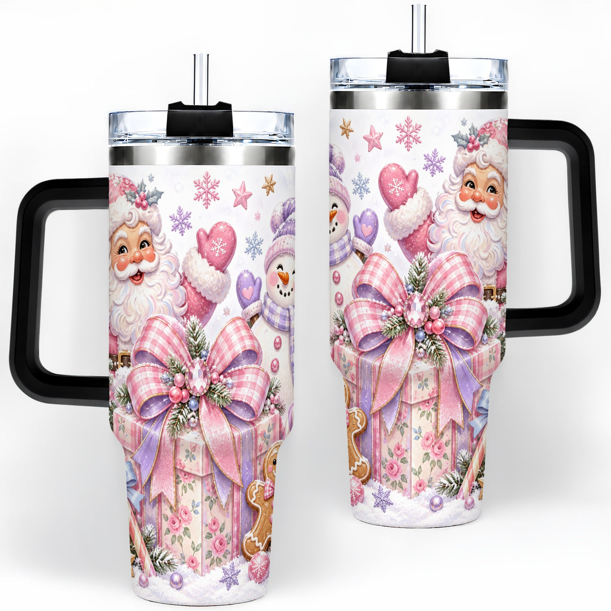 #pl[40oz|Black] Pastel Christmas Santa 40oz Tumbler with Snowman Bow Holiday Artwork