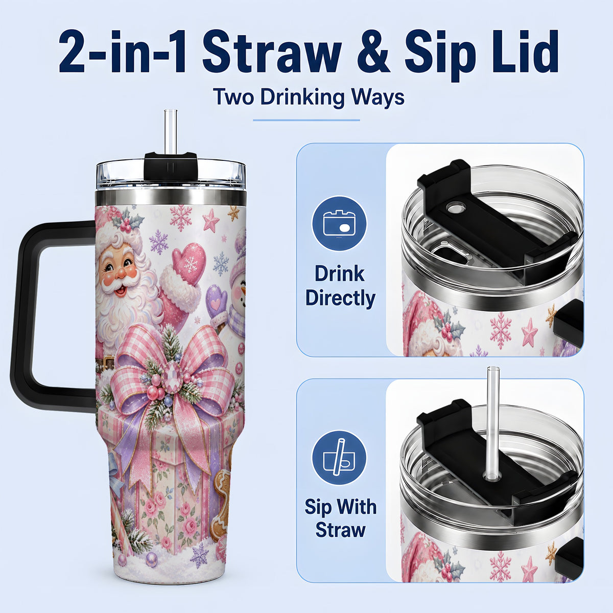 #pl[40oz|Black] Pastel Christmas Santa 40oz Tumbler with Snowman Bow Holiday Artwork