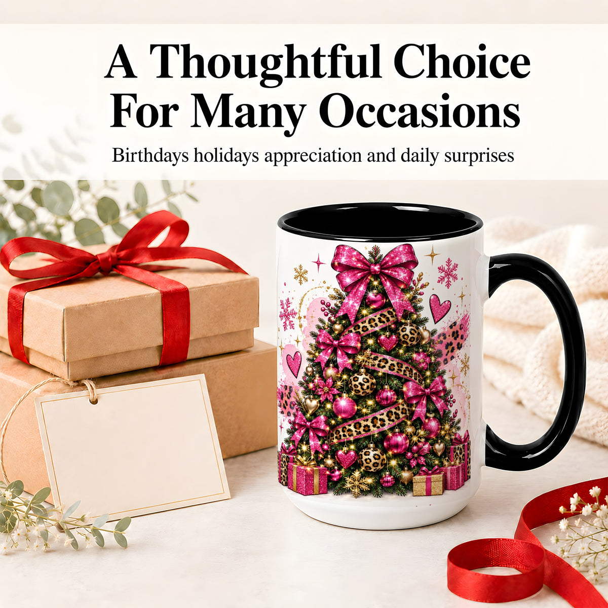 #pl[15oz|Black] Pink Leopard Christmas Ceramic Mug, Glitter Tree Holiday Artwork