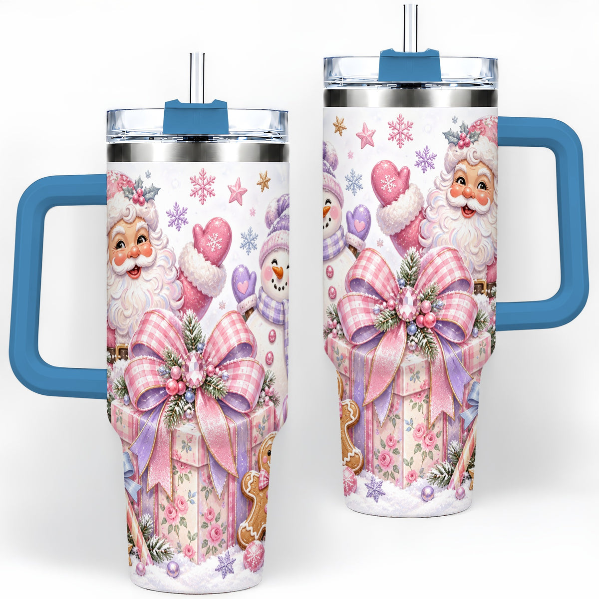 #pl[40oz|Blue] Pastel Christmas Santa 40oz Tumbler with Snowman Bow Holiday Artwork
