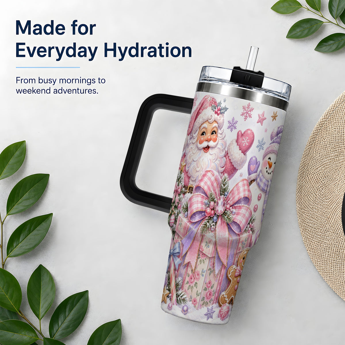 #pl[40oz|Black] Pastel Christmas Santa 40oz Tumbler with Snowman Bow Holiday Artwork