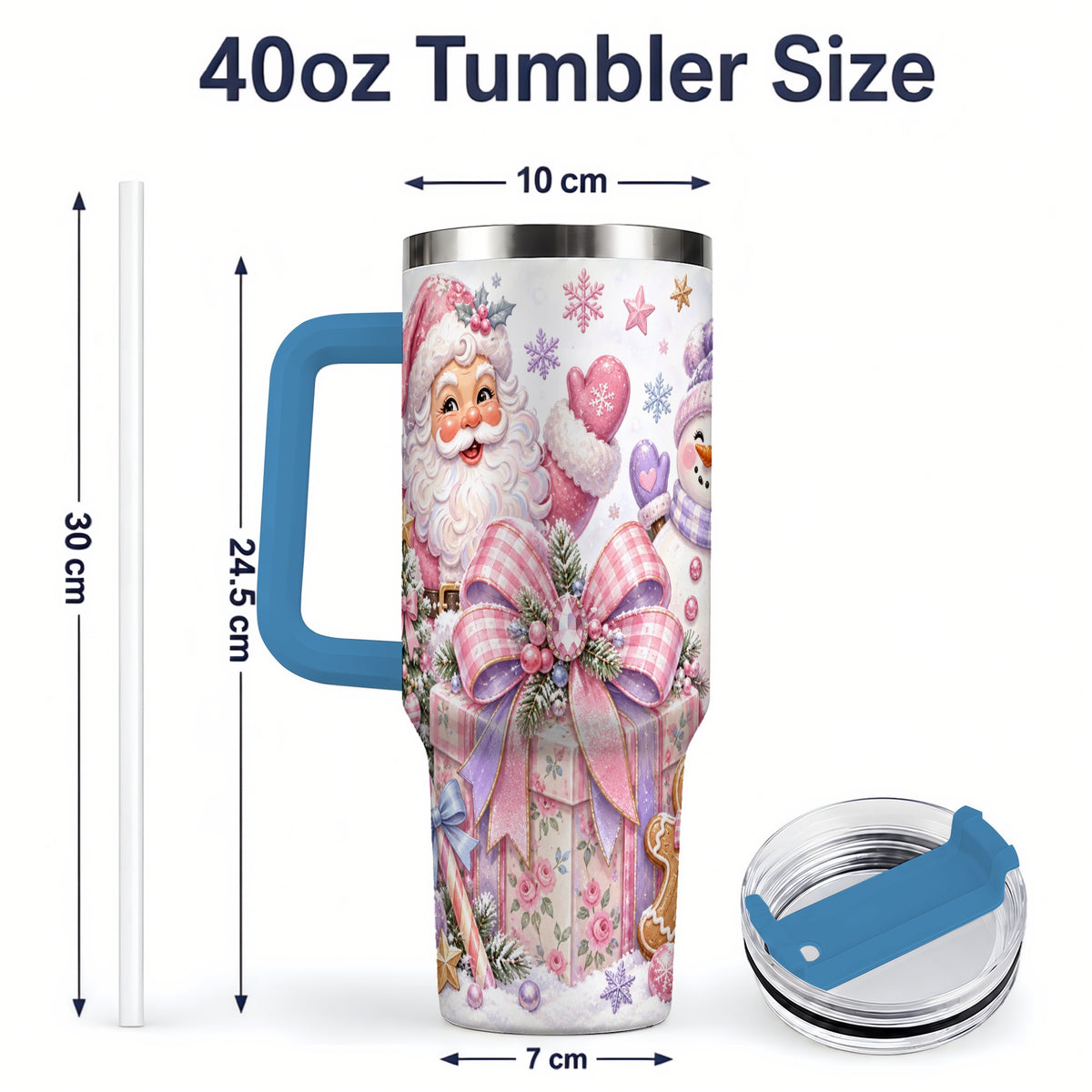 #pl[40oz|Blue] Pastel Christmas Santa 40oz Tumbler with Snowman Bow Holiday Artwork