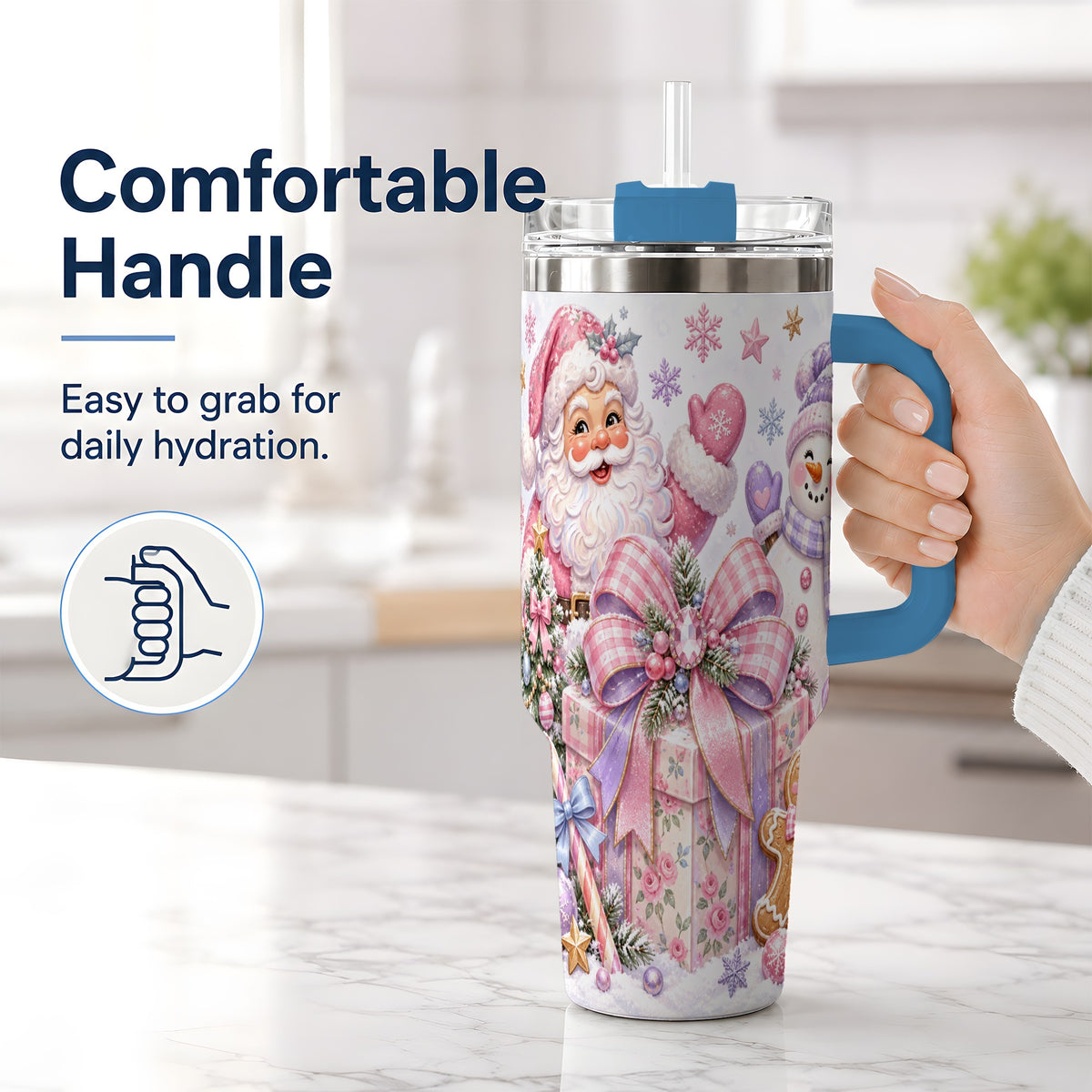 #pl[40oz|Blue] Pastel Christmas Santa 40oz Tumbler with Snowman Bow Holiday Artwork