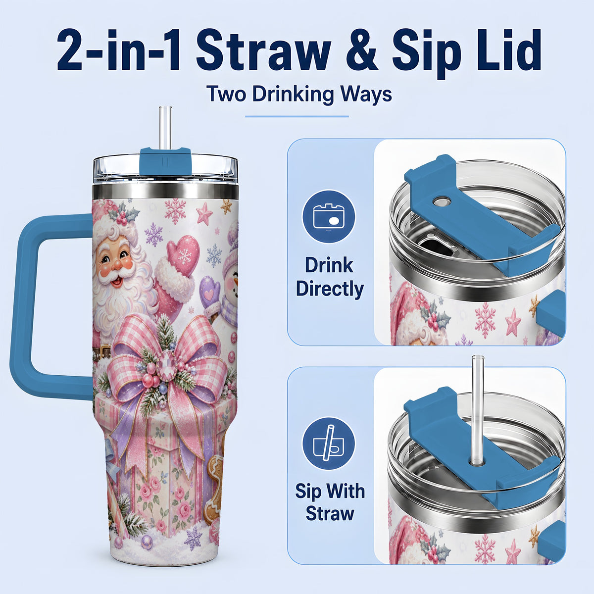 #pl[40oz|Blue] Pastel Christmas Santa 40oz Tumbler with Snowman Bow Holiday Artwork