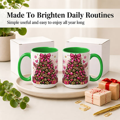 #pl[15oz|Green] Pink Leopard Christmas Ceramic Mug, Glitter Tree Holiday Artwork