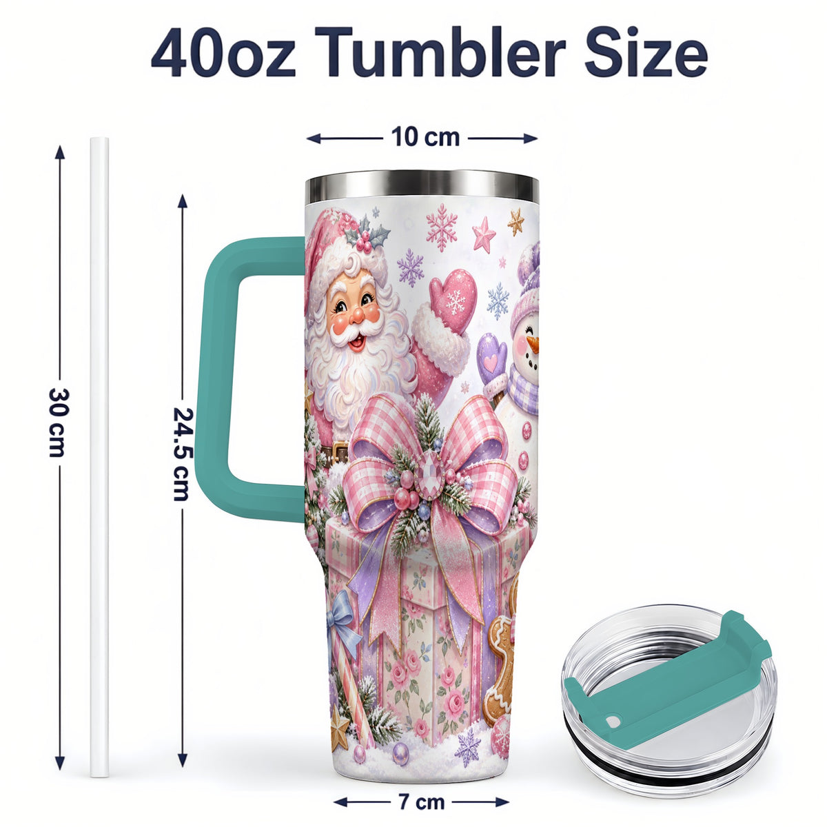 #pl[40oz|Green] Pastel Christmas Santa 40oz Tumbler with Snowman Bow Holiday Artwork