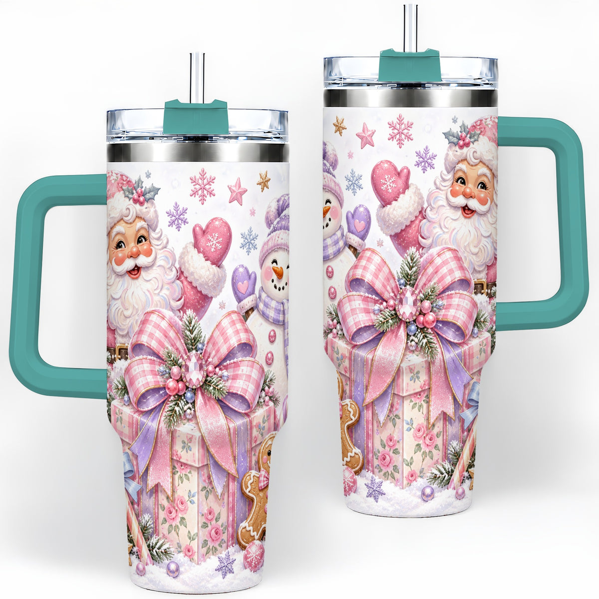 #pl[40oz|Green] Pastel Christmas Santa 40oz Tumbler with Snowman Bow Holiday Artwork