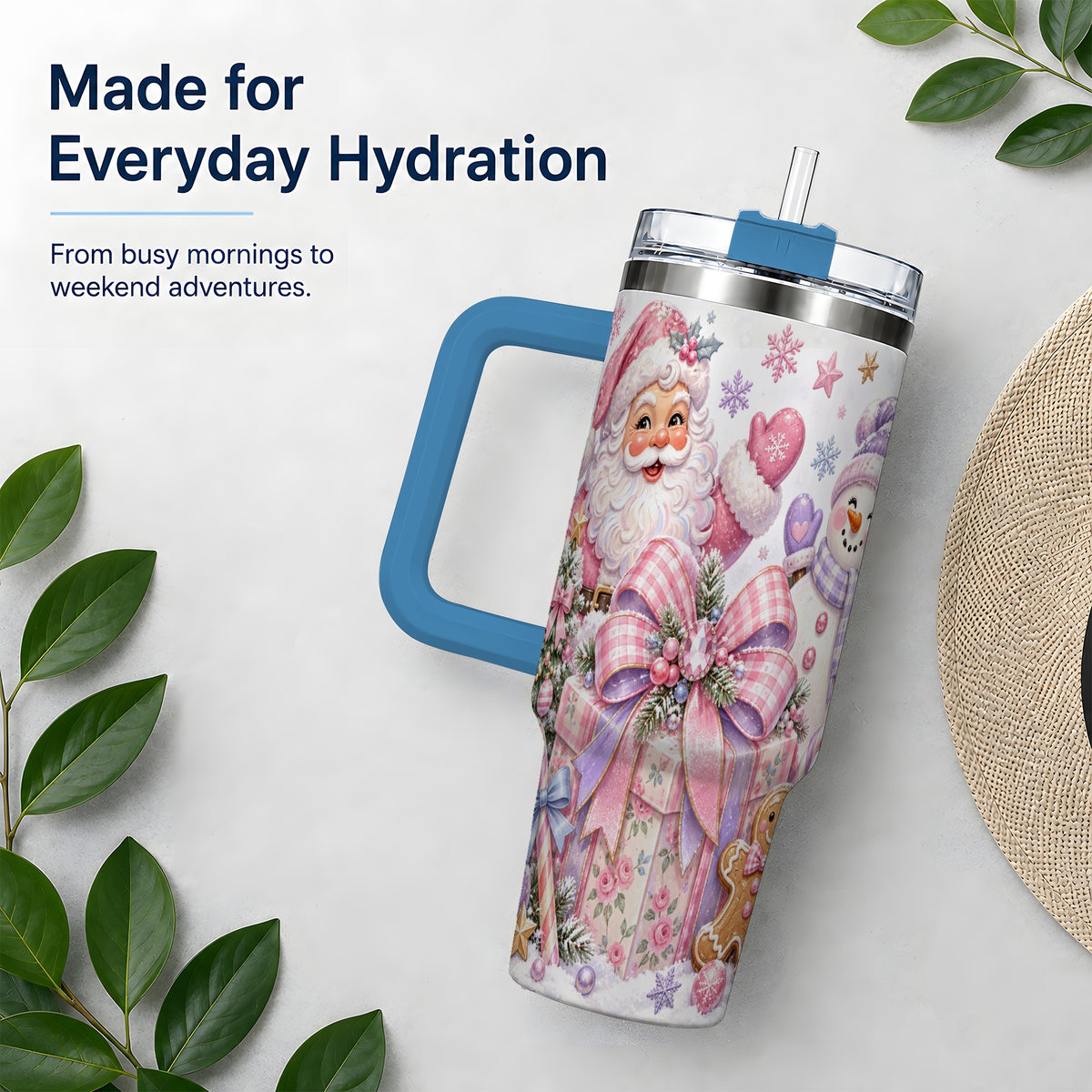 #pl[40oz|Blue] Pastel Christmas Santa 40oz Tumbler with Snowman Bow Holiday Artwork