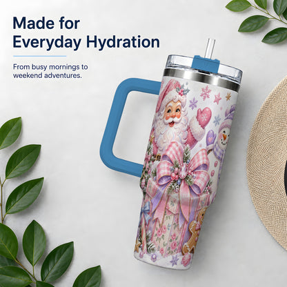 #pl[40oz|Blue] Pastel Christmas Santa 40oz Tumbler with Snowman Bow Holiday Artwork