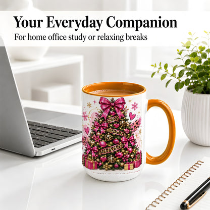 #pl[15oz|Orange] Pink Leopard Christmas Ceramic Mug, Glitter Tree Holiday Artwork