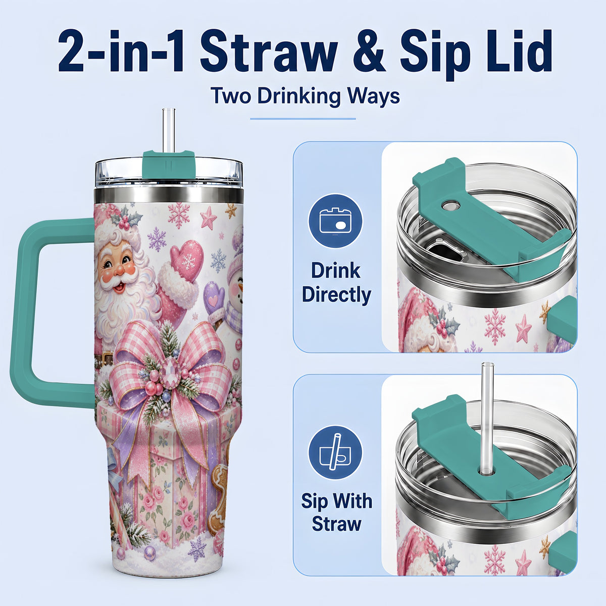 #pl[40oz|Green] Pastel Christmas Santa 40oz Tumbler with Snowman Bow Holiday Artwork