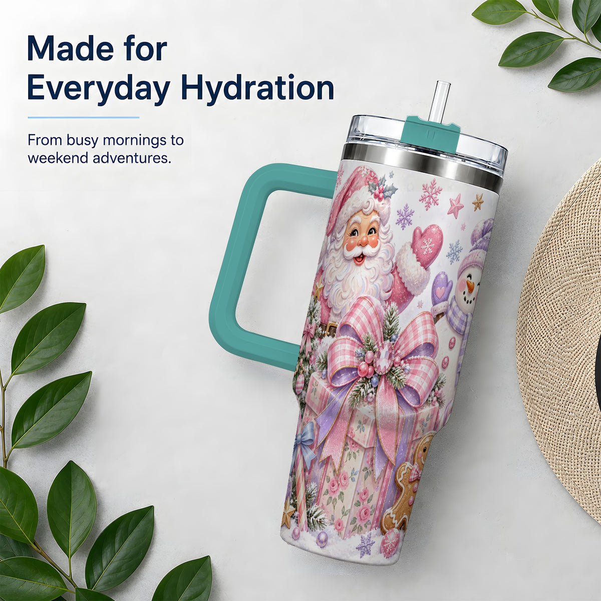 #pl[40oz|Green] Pastel Christmas Santa 40oz Tumbler with Snowman Bow Holiday Artwork