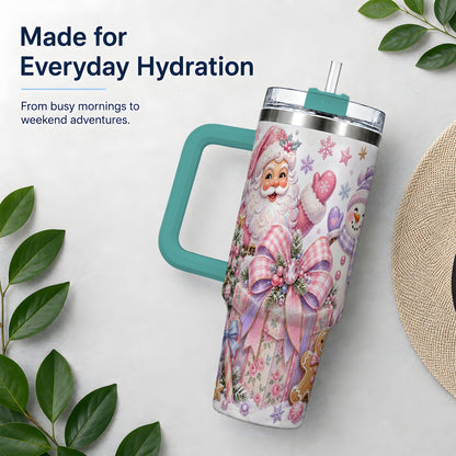 #pl[40oz|Green] Pastel Christmas Santa 40oz Tumbler with Snowman Bow Holiday Artwork