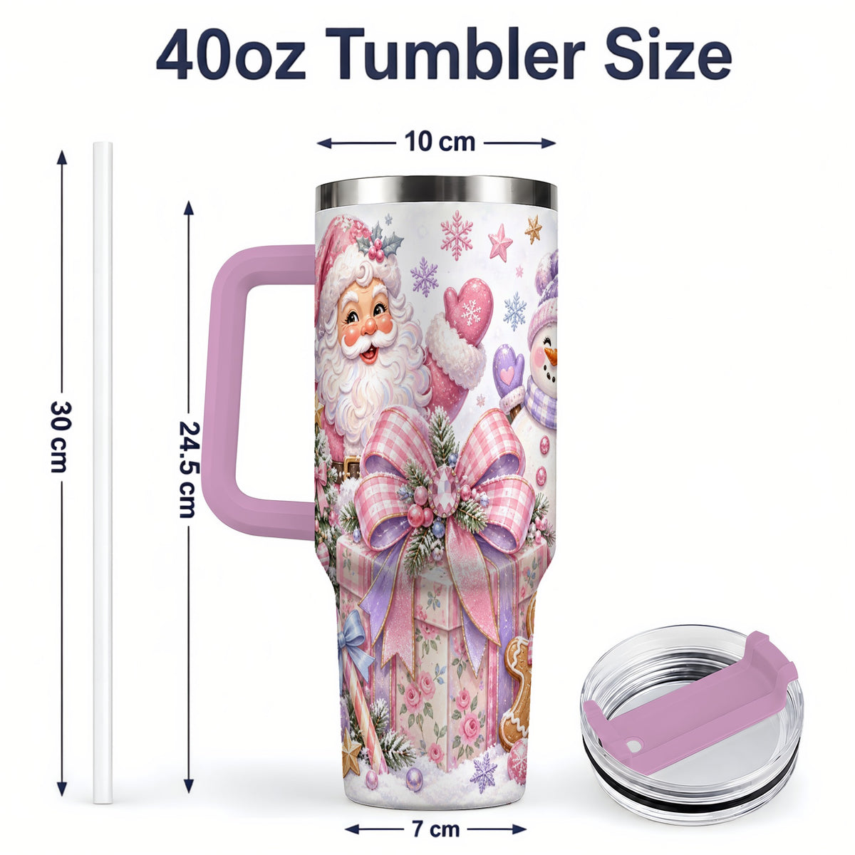 #pl[40oz|Pink] Pastel Christmas Santa 40oz Tumbler with Snowman Bow Holiday Artwork