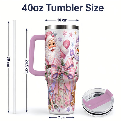 #pl[40oz|Pink] Pastel Christmas Santa 40oz Tumbler with Snowman Bow Holiday Artwork
