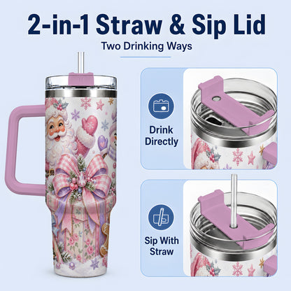 #pl[40oz|Pink] Pastel Christmas Santa 40oz Tumbler with Snowman Bow Holiday Artwork