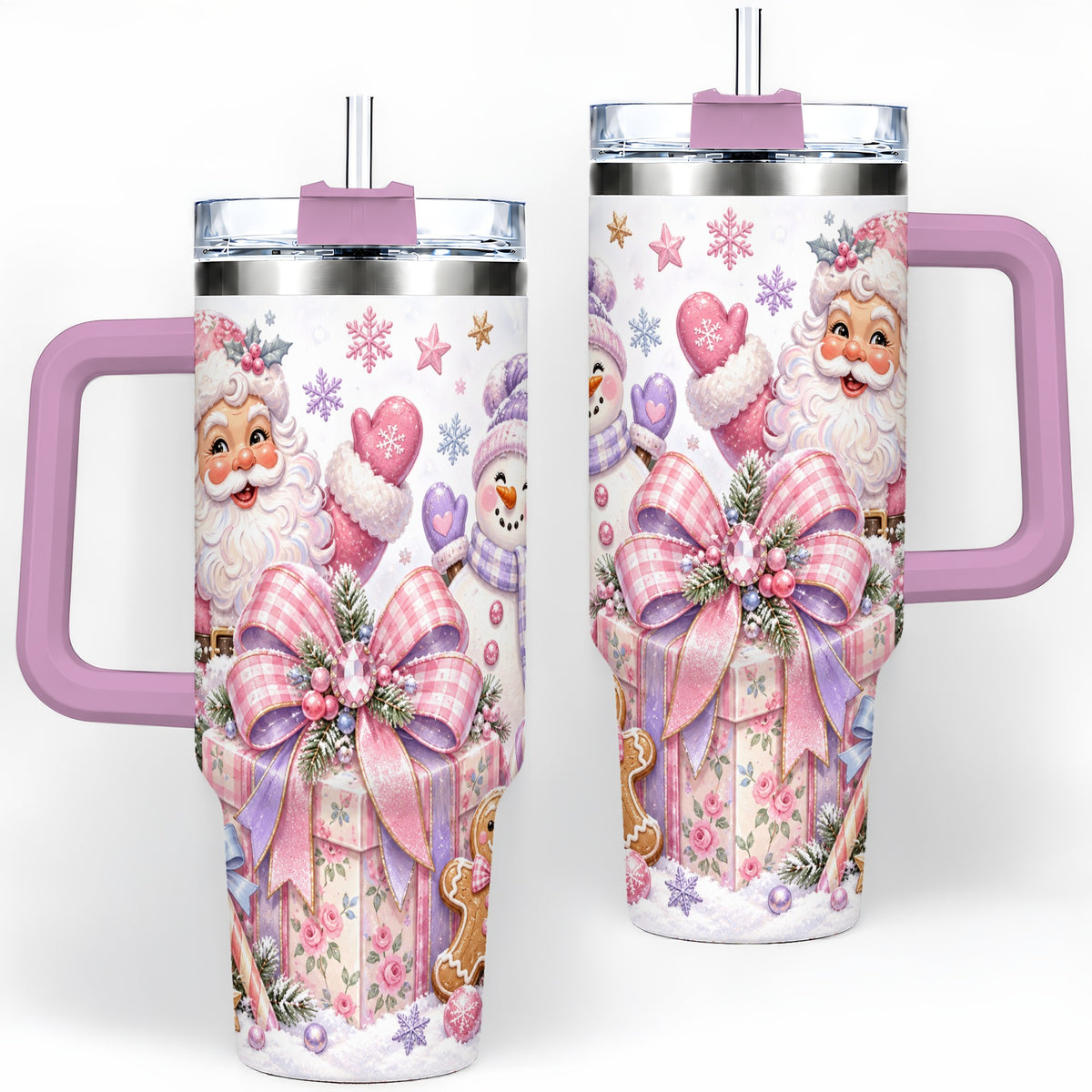 #pl[40oz|Pink] Pastel Christmas Santa 40oz Tumbler with Snowman Bow Holiday Artwork