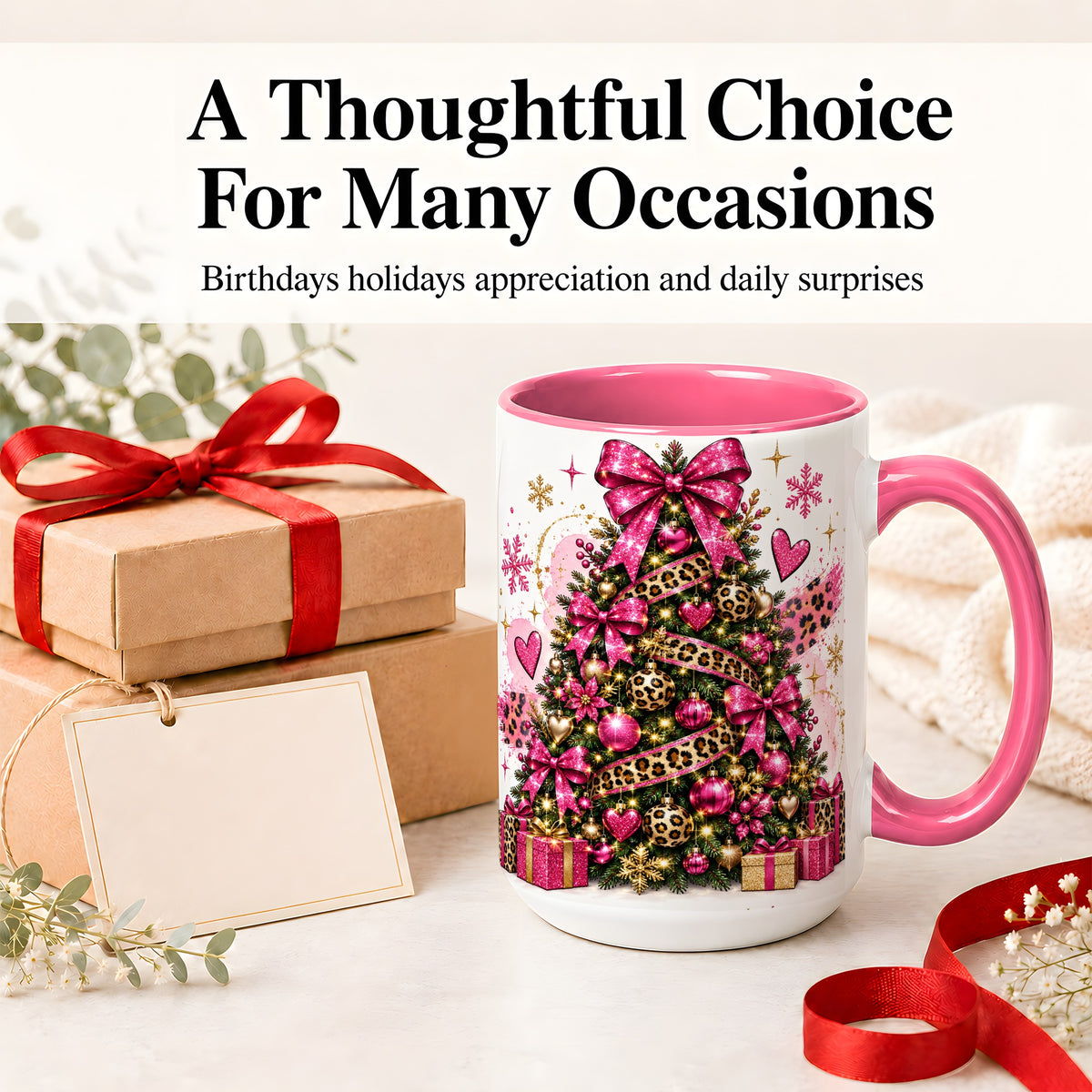 #pl[15oz|Pink] Pink Leopard Christmas Ceramic Mug, Glitter Tree Holiday Artwork