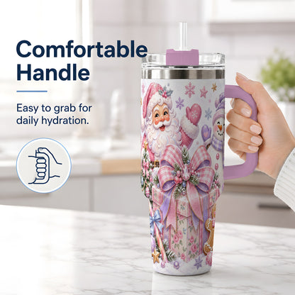#pl[40oz|Pink] Pastel Christmas Santa 40oz Tumbler with Snowman Bow Holiday Artwork