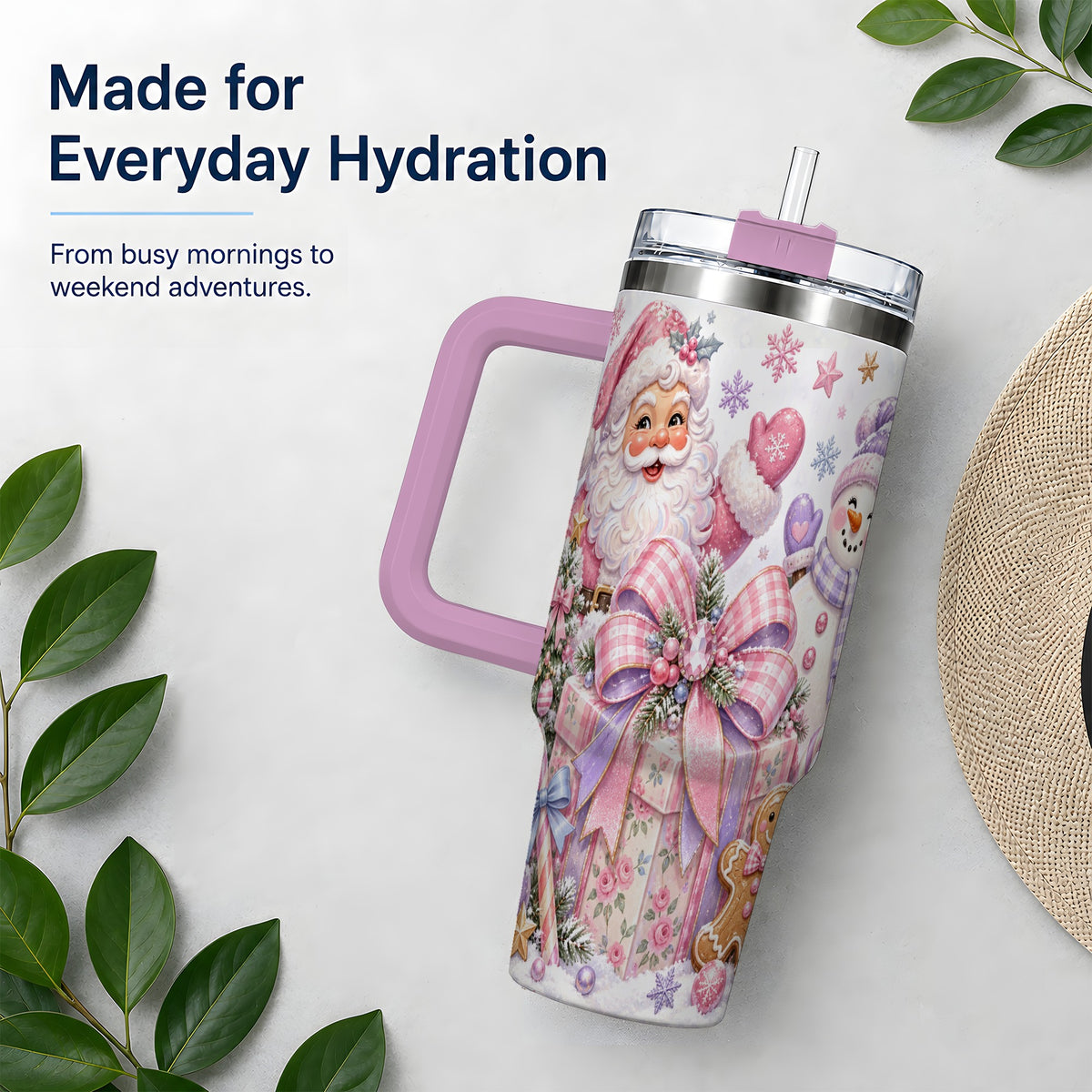 #pl[40oz|Pink] Pastel Christmas Santa 40oz Tumbler with Snowman Bow Holiday Artwork