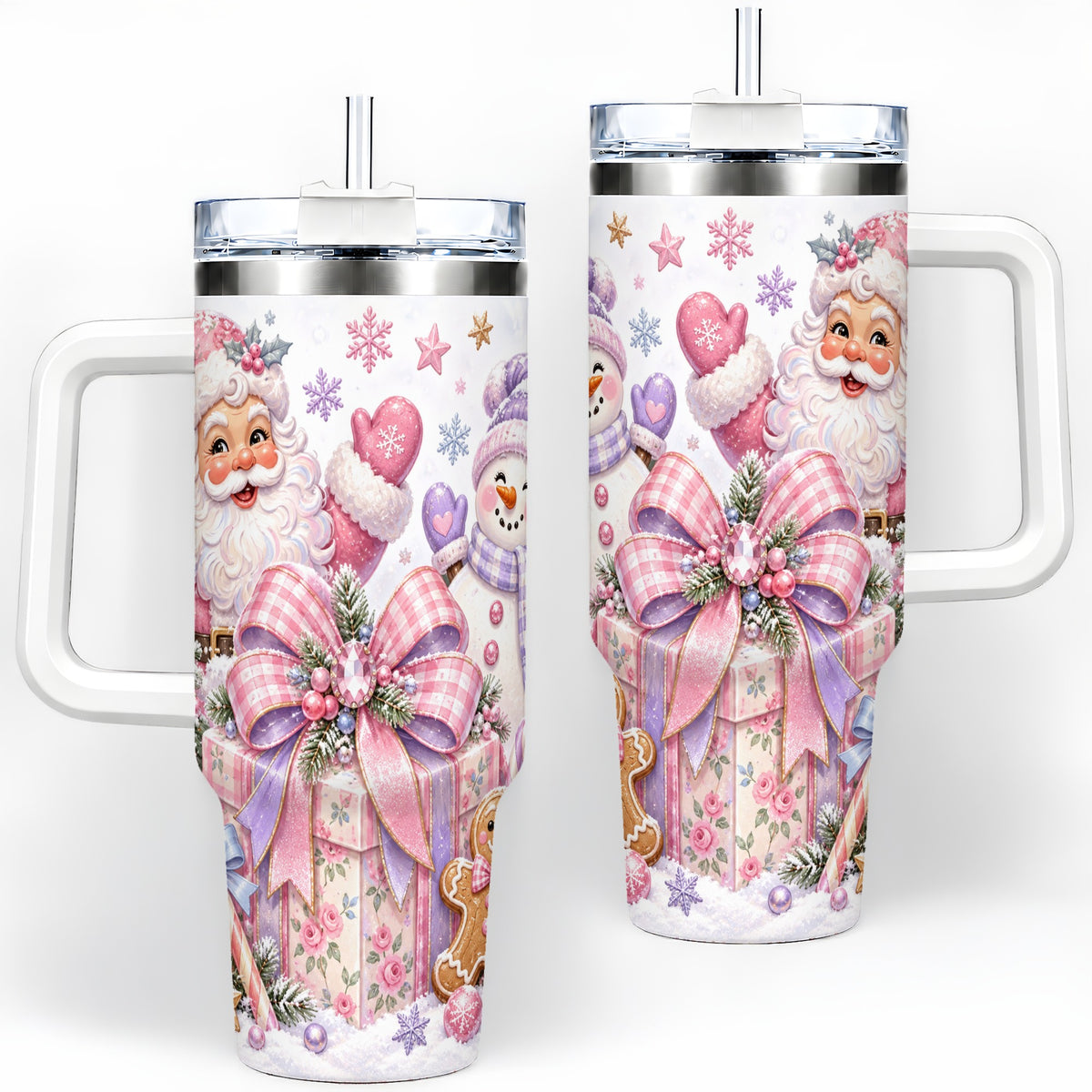 Pastel Christmas Santa 40oz Tumbler with Snowman Bow Holiday Artwork