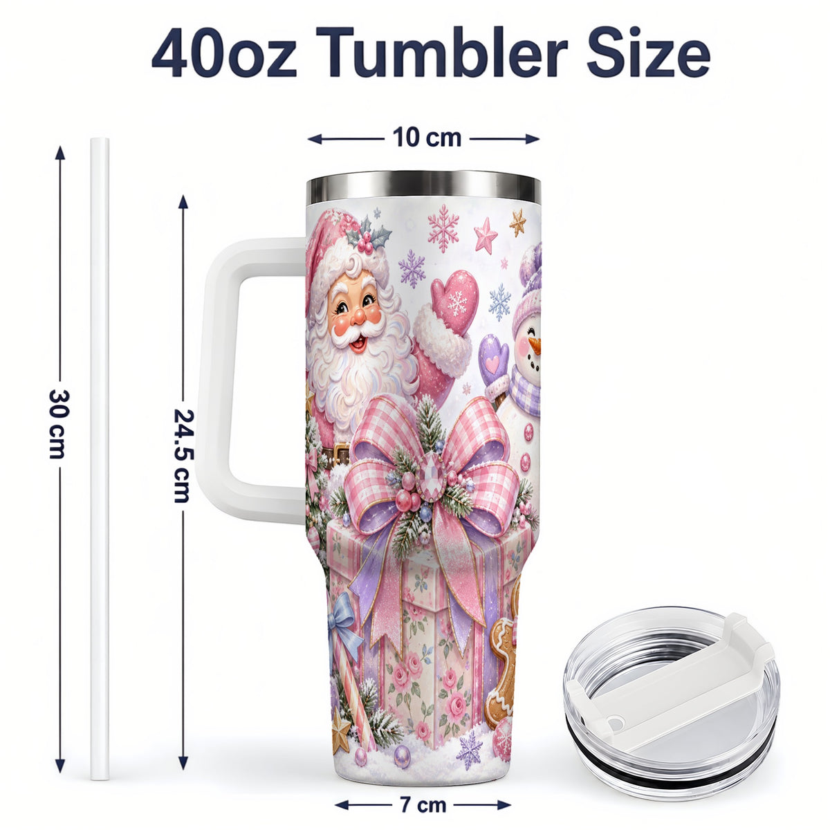 #pl[40oz|White] Pastel Christmas Santa 40oz Tumbler with Snowman Bow Holiday Artwork