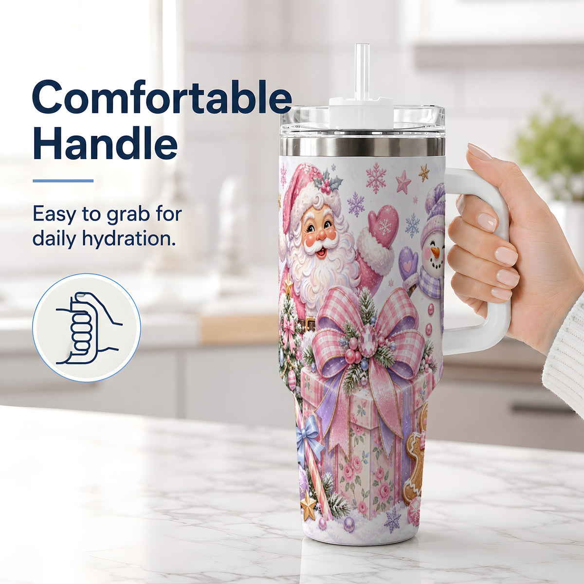 #pl[40oz|White] Pastel Christmas Santa 40oz Tumbler with Snowman Bow Holiday Artwork