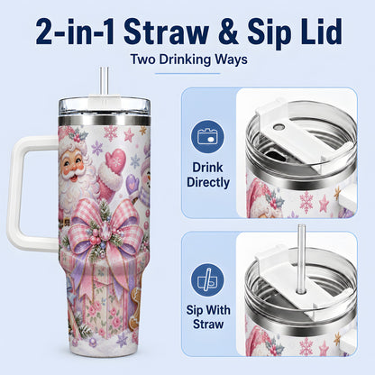 #pl[40oz|White] Pastel Christmas Santa 40oz Tumbler with Snowman Bow Holiday Artwork