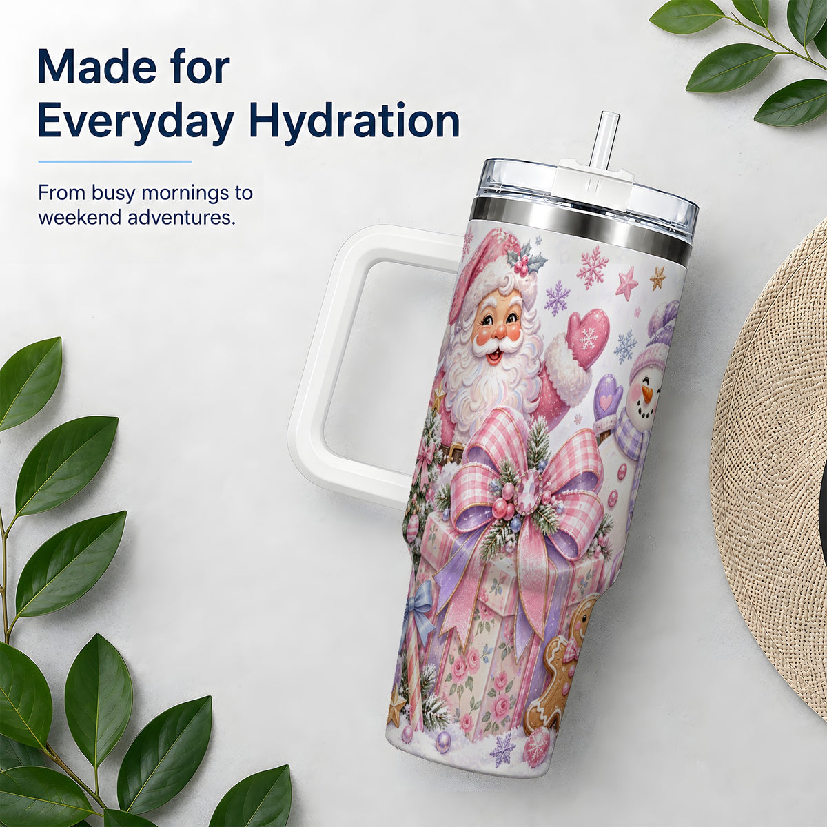 #pl[40oz|White] Pastel Christmas Santa 40oz Tumbler with Snowman Bow Holiday Artwork