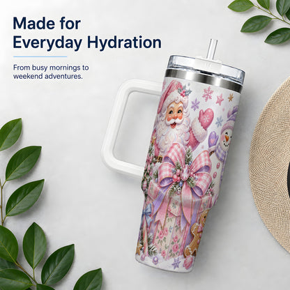 #pl[40oz|White] Pastel Christmas Santa 40oz Tumbler with Snowman Bow Holiday Artwork