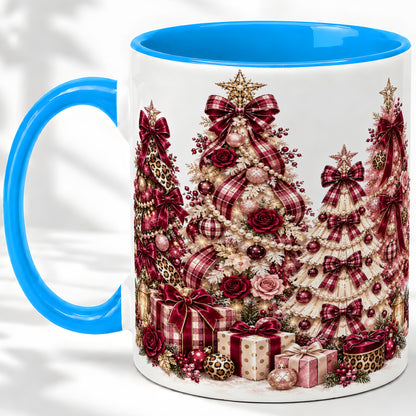 #pl[11oz|Blue] Burgundy Plaid Christmas Ceramic Mug, Decorated Tree Artwork
