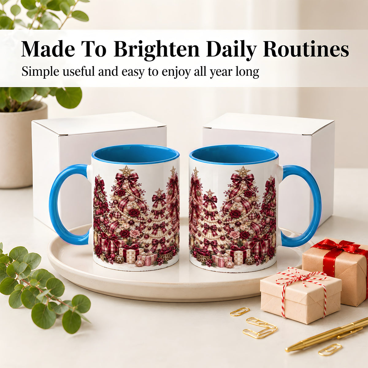 #pl[11oz|Blue] Burgundy Plaid Christmas Ceramic Mug, Decorated Tree Artwork
