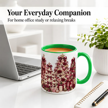 #pl[11oz|Green] Burgundy Plaid Christmas Ceramic Mug, Decorated Tree Artwork