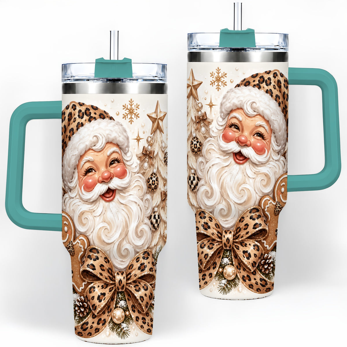 #pl[40oz|Green] Leopard Bow Christmas 40oz Tumbler with Santa and Tree Artwork