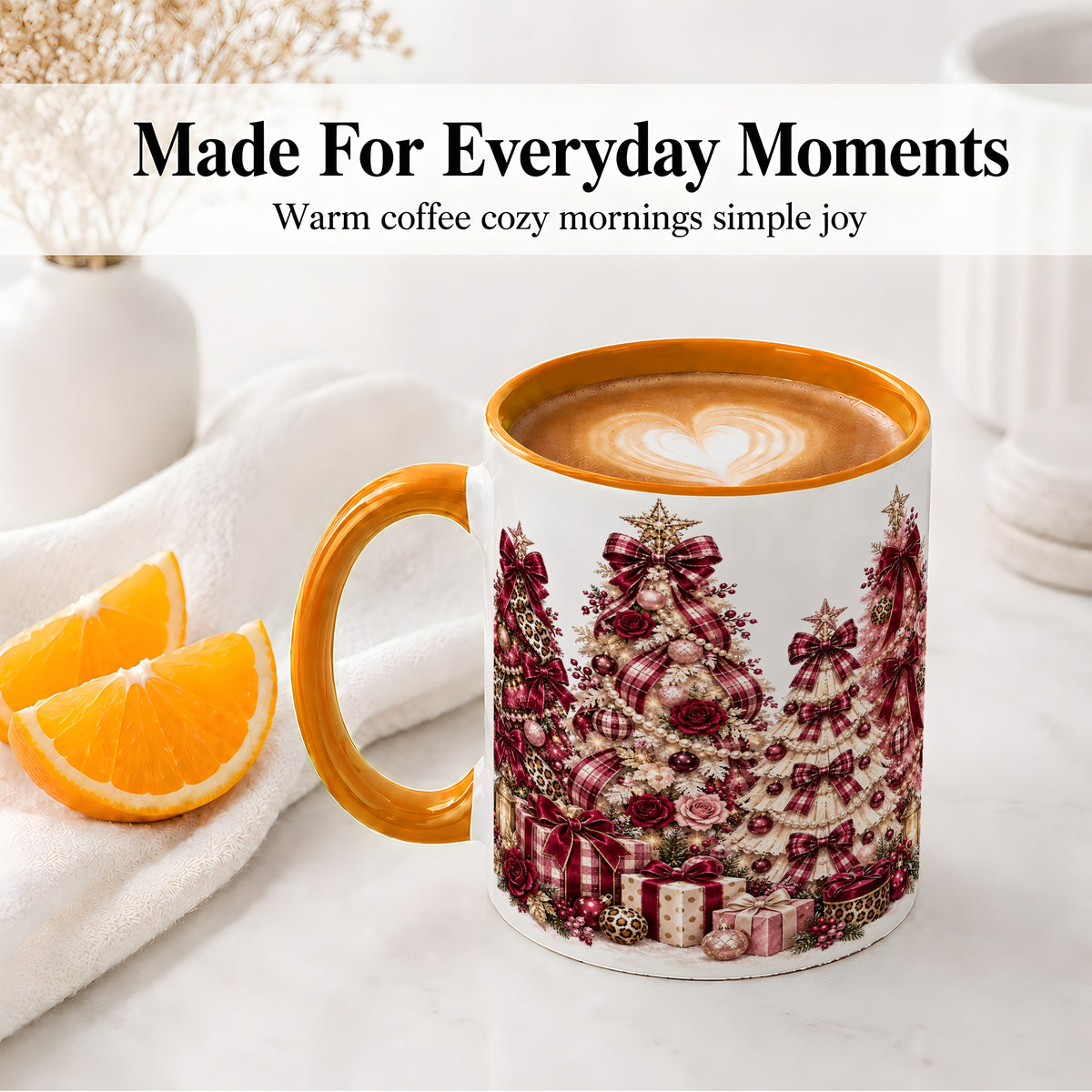 #pl[11oz|Orange] Burgundy Plaid Christmas Ceramic Mug, Decorated Tree Artwork