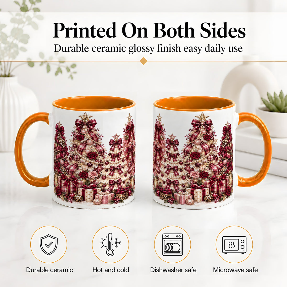 #pl[11oz|Orange] Burgundy Plaid Christmas Ceramic Mug, Decorated Tree Artwork